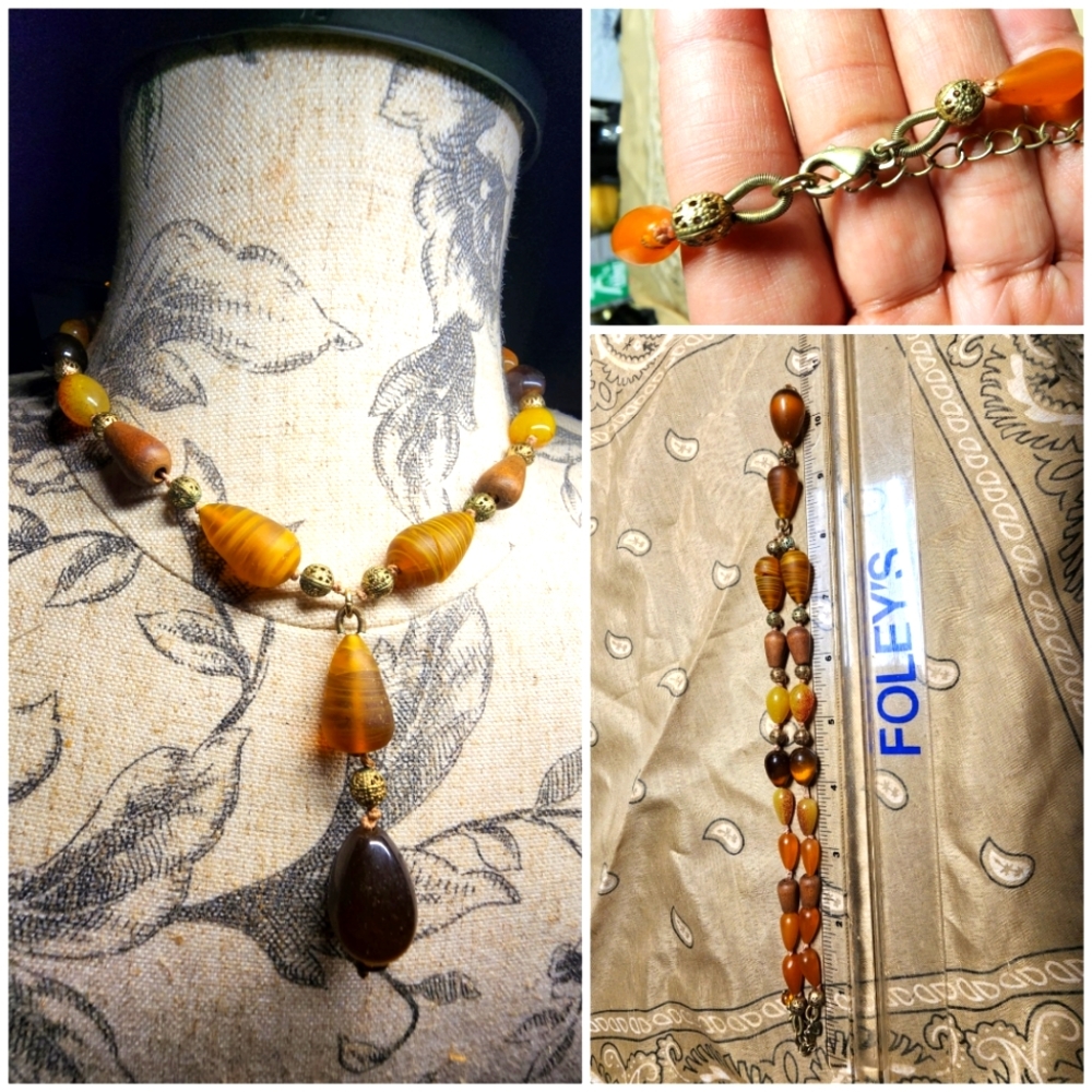 Brown & Orange Beaded Necklace,Approx. 11" Hang Fastened